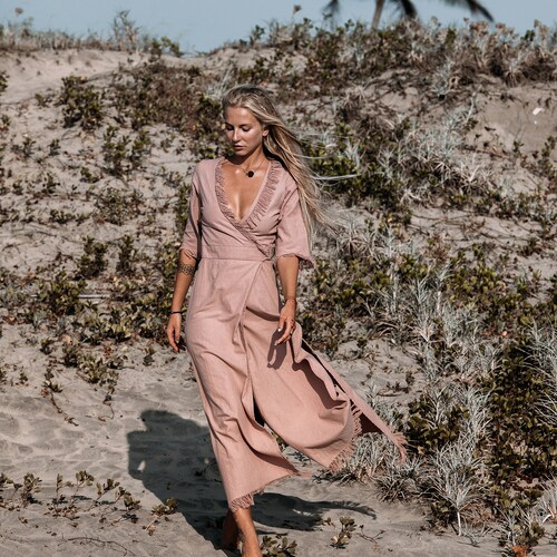 Long Bohemian Dress ∆ Boho Maxi Wrap Dress ∆ Goddess Organic Cotton Fringe Dress ∆ Chintamani Raw Natural Dress ∆ Boho Wedding / Dusty shops Pink