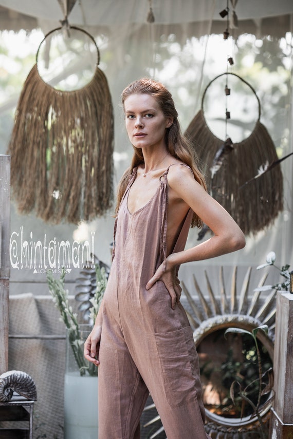Fitted Linen Jumpsuit Overalls Womens 