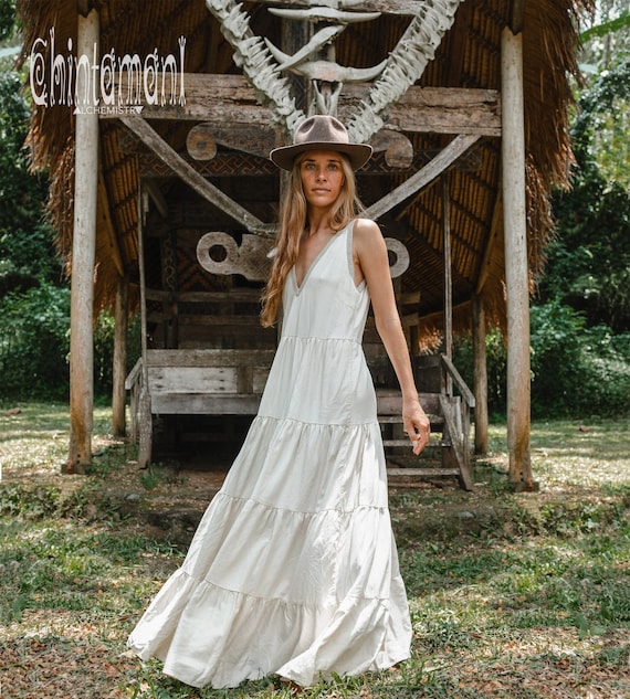 White Boho Dress Women Ball Gown Cotton Clothing Eco Goddess Dress