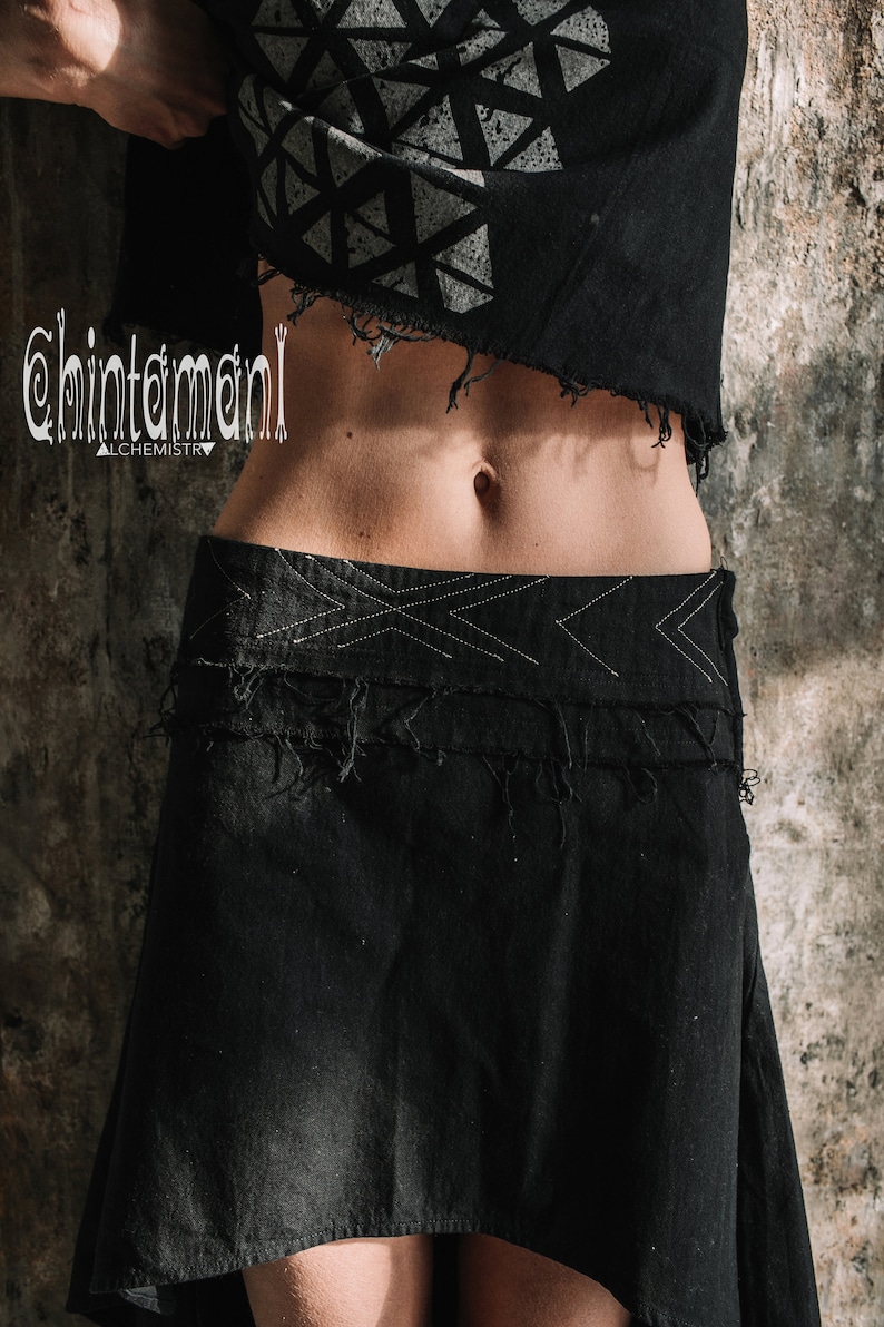 Asymmetrical Black Mini Skirt Raw Cotton Long Back Short Boho Skirt Organic Clothing Women Bohemian Skirt w Tail / Atua Tino / Black zdjęcie 7