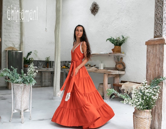 Backless Goddess Dress Boho Clothing Women Cotton Maxi Dress Long Maternity  Dress Ball Gown Eco Sleeveless Tiered Dress / Red Ochre -  Canada