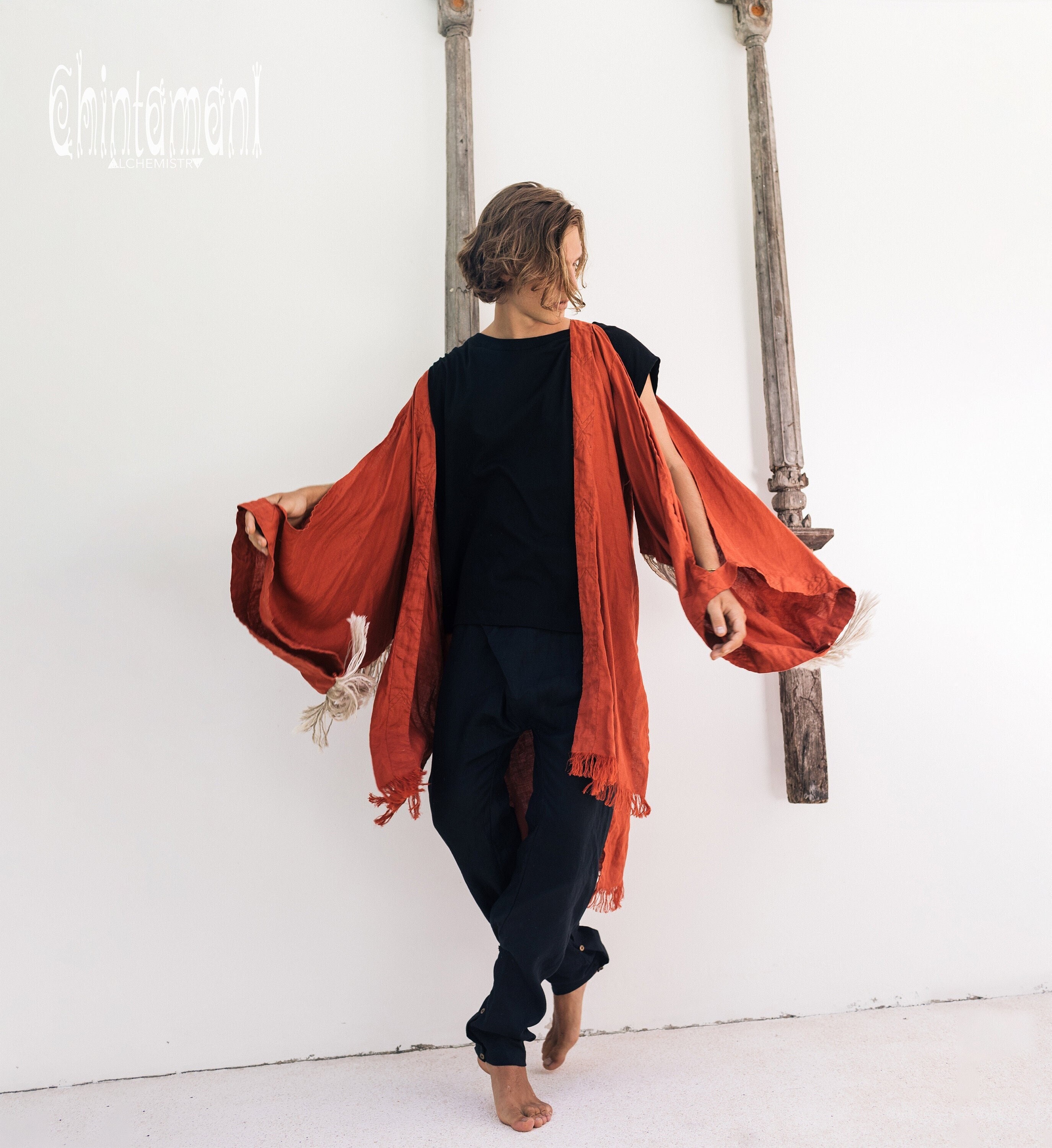 Long Linen Japanese Kimono Robe / Cardigan for Women / Red Ochre