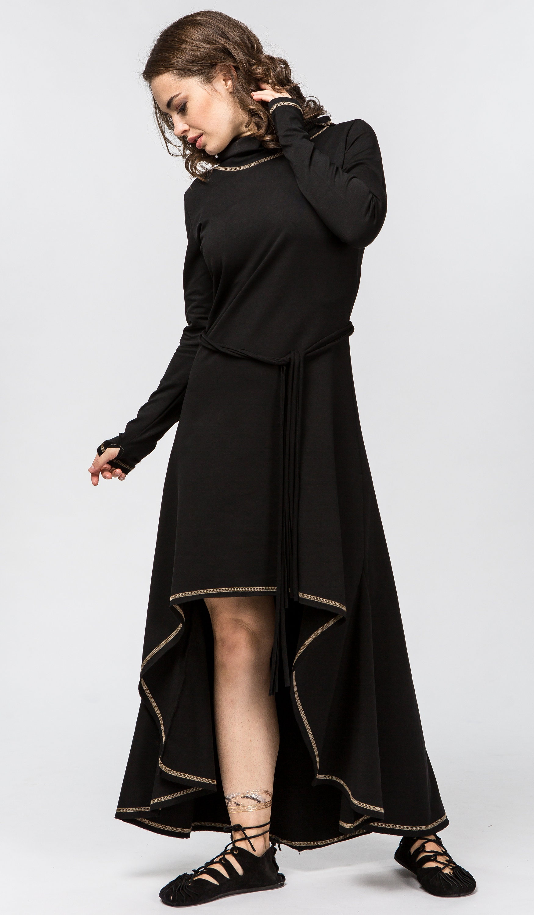 Black Bohemian Dress Cotton Hooded Dress Warm Comfy Boho | Etsy