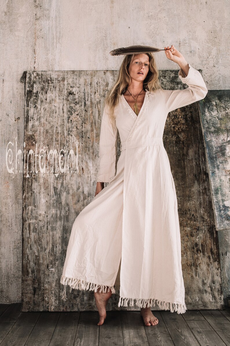 Long Kimono Wrap Dress \u2206 Fringe Sleeves Maxi Dress \u2206 Goddess Raw Dress \u2206 Organic Clothing \u2206 Raw Cotton Wedding Dress Modest Off White