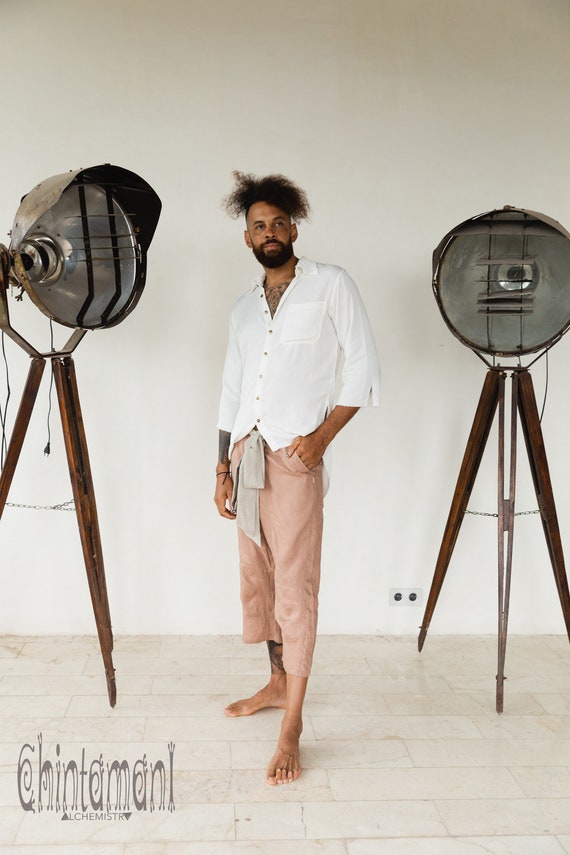 Mens pink linen trousers hot sale