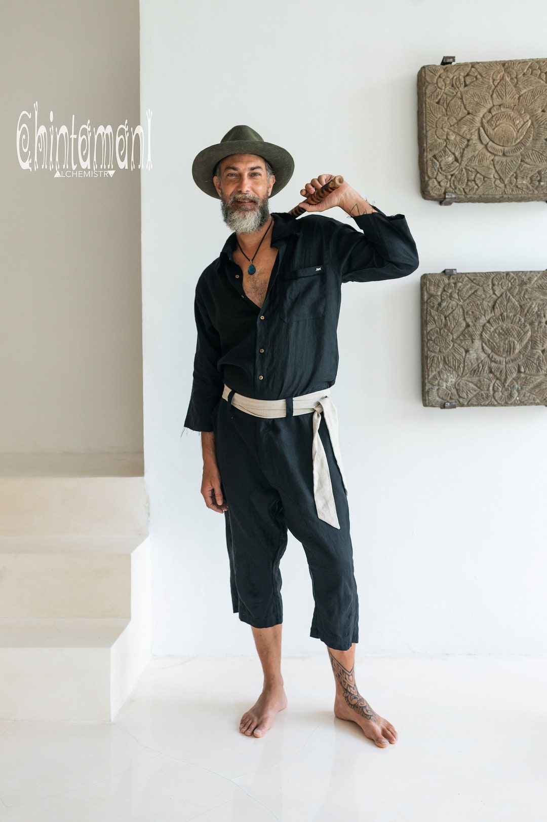 Black Linen Overalls Men Coveralls 3/4 Long Sleeve Linen Etsy