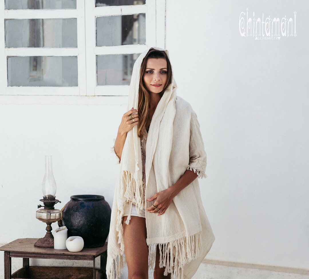 Raw Cotton Sleeves Shawl Cardigan Long Fringe Boho Cover - Etsy