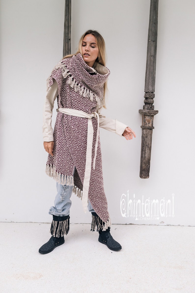 Blanket Coat Women Oversized Boho Cardigan Duster Fringe Jacket Tribal Medieval Clothing Long Cotton Poncho Wrap Overcoat/ Red & White image 2