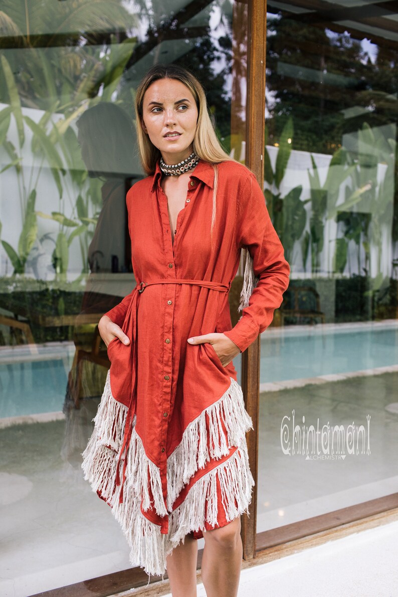 Boho Shirt Dress Linen Clothing Women Autumn Bohemian Etsy