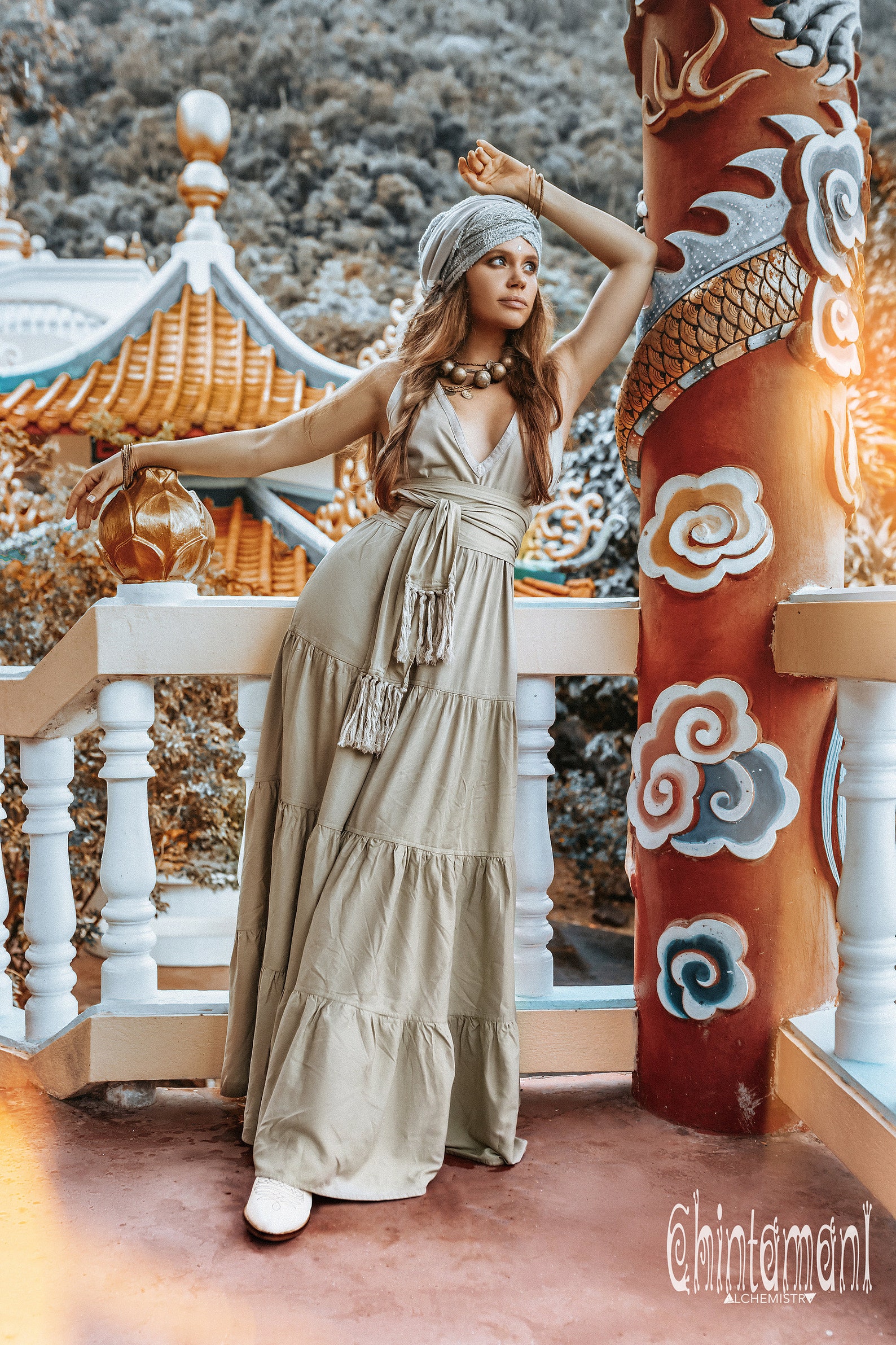 Boho Long Dress Floral Sage