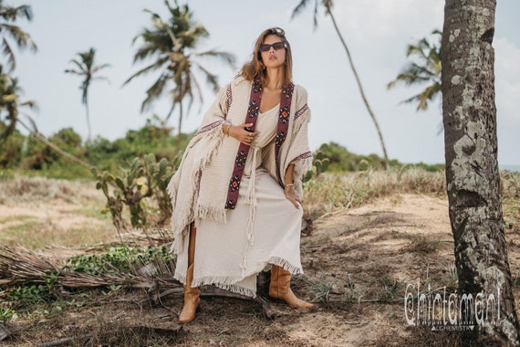 Boho Poncho Mujeres Ropa del Festival del Hombre del Desierto Ropa Hippie  Wrap Top Chaqueta Boho Traje Boho Kimono Cardigan / Off White -  España