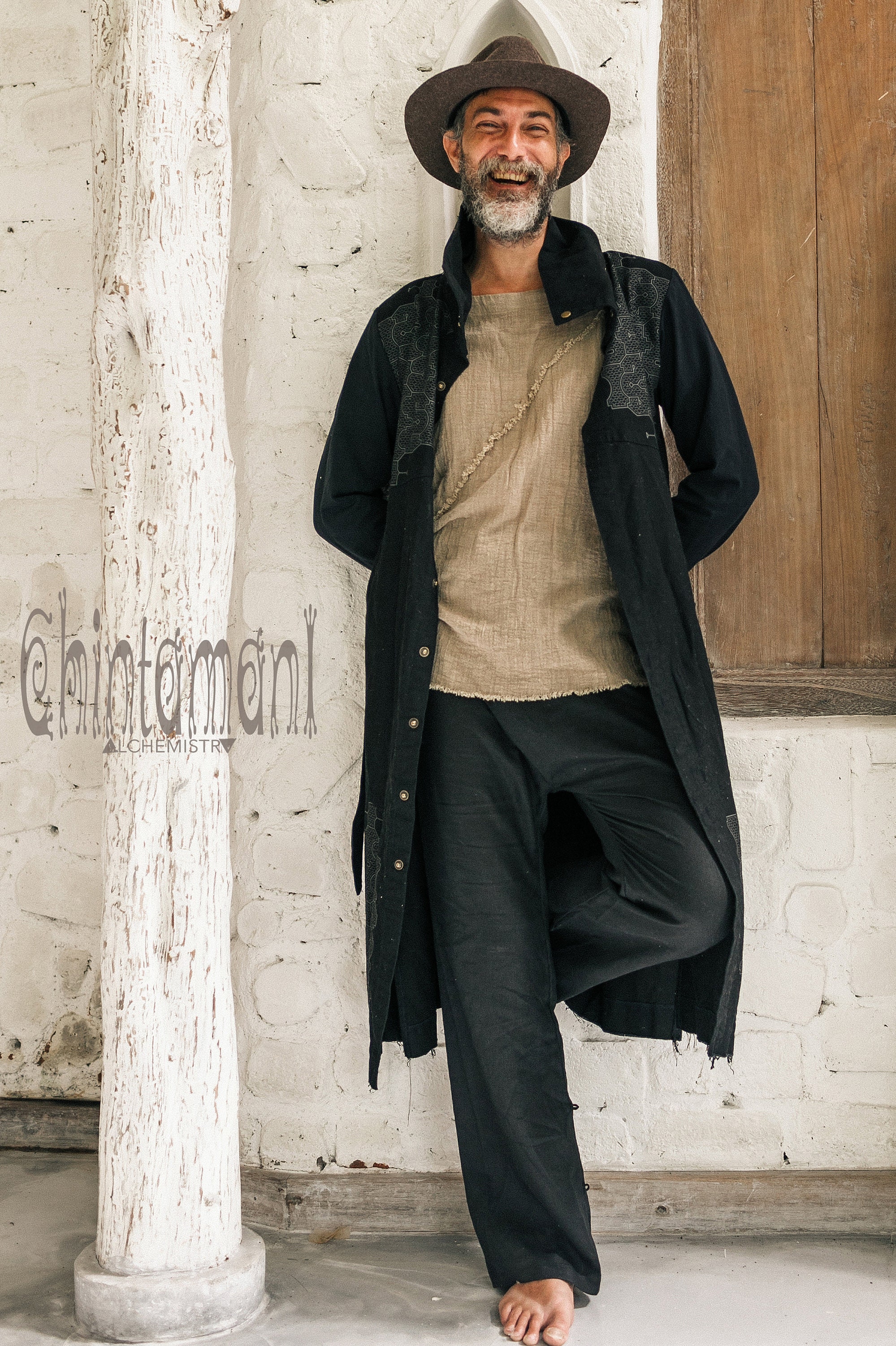 Black Cotton Canvas Mens Coat ∆ Tribal Clothing Boho Black Cotton Canvas Mens Coat ∆ Tribal Clothing Boho