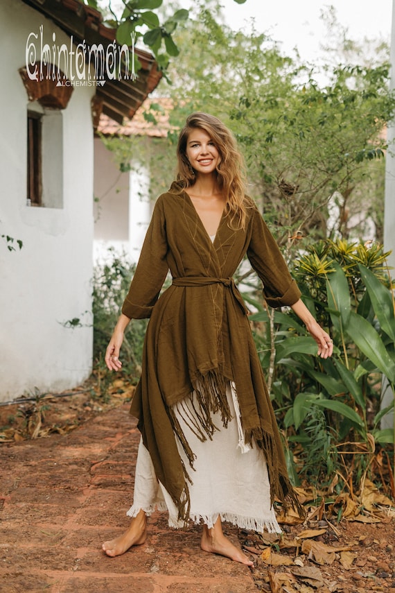 Boho Kimono Robe Fringe Wrap Cardigan Bohemian Clothing Women Hippie Robe  Kaftan Raw Cotton Nomad Outfit Festival Jacket / Brown -  Canada