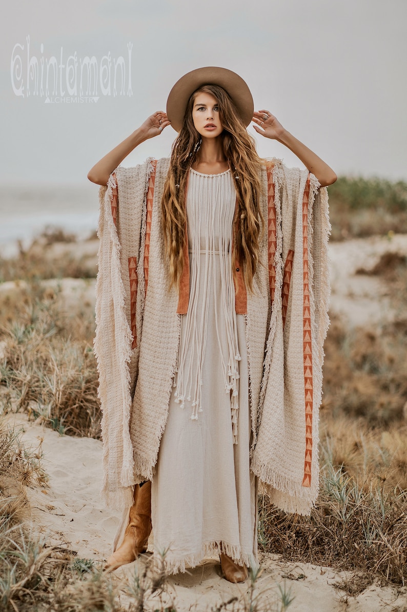 Bohemian Poncho Wrap Coat Boho Man Clothing Women Cardigan Nomad Clothes Festival Outfit Ceremony Cloak Kimono Robe / Off White image 6