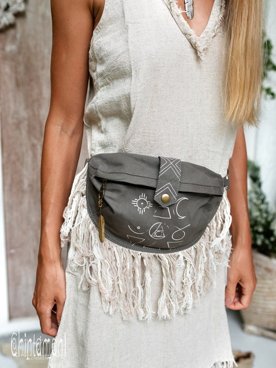 Fanny Pack Mujer Bolso de plátano Bolso de cadera con flecos Bolso de lona  Bolso bandolera Bolso de cintura Boho Bolso de cinturón Sun & Moon Festival  / Gris oscuro -  España