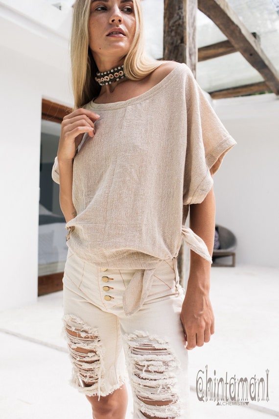 Raw Cotton T-Shirt for Men / Nomad Ripped Tee Shirt / Beige