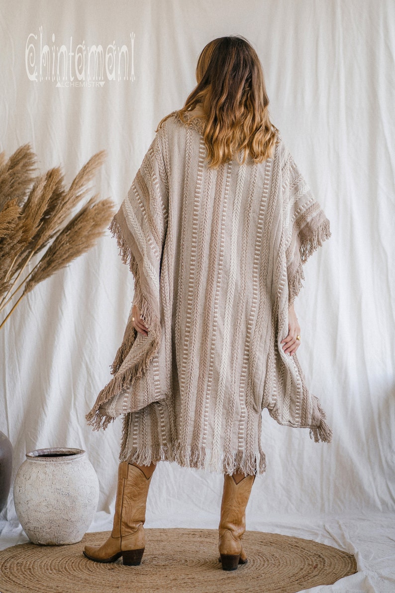 Poncho-Mantel mit Fransen Boho-Damenbekleidung, Kimono-Robe Wüstenmann-Festival-Outfit, Boho-Wickel-Strickjacke Oberteil für Zeremonienkleidung / Kaffeebraun Bild 4