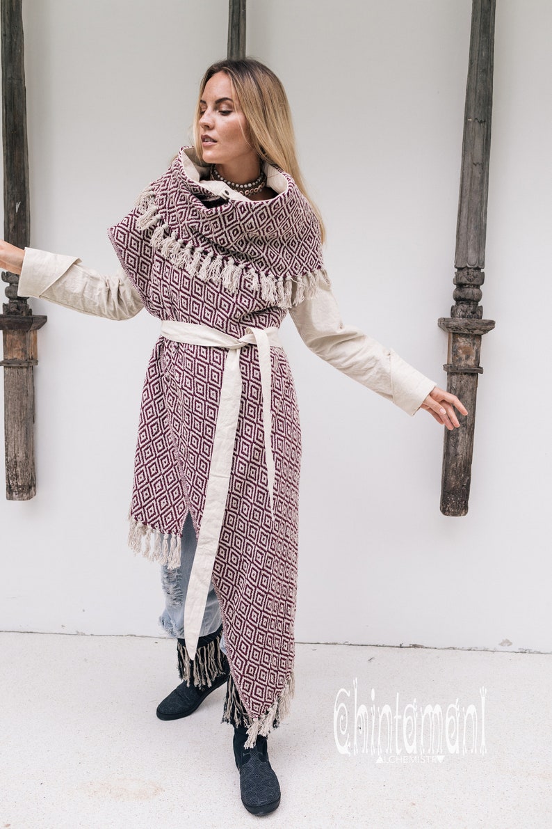 Blanket Coat Women Oversized Boho Cardigan Duster Fringe Jacket Tribal Medieval Clothing Long Cotton Poncho Wrap Overcoat/ Red & White image 3