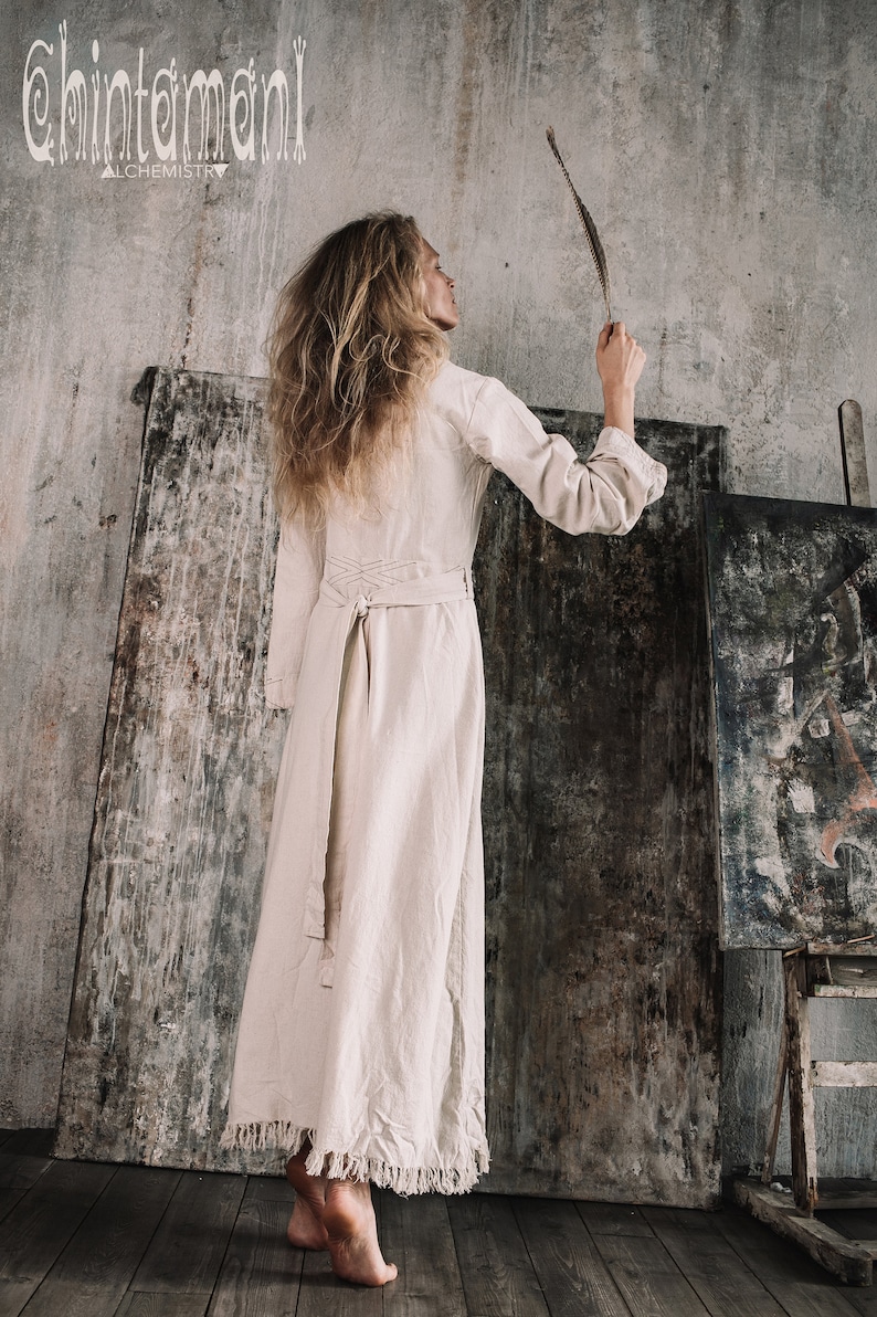 Long Kimono Wrap Dress \u2206 Fringe Sleeves Maxi Dress \u2206 Goddess Raw Dress \u2206 Organic Clothing \u2206 Raw Cotton Wedding Dress Modest Off White
