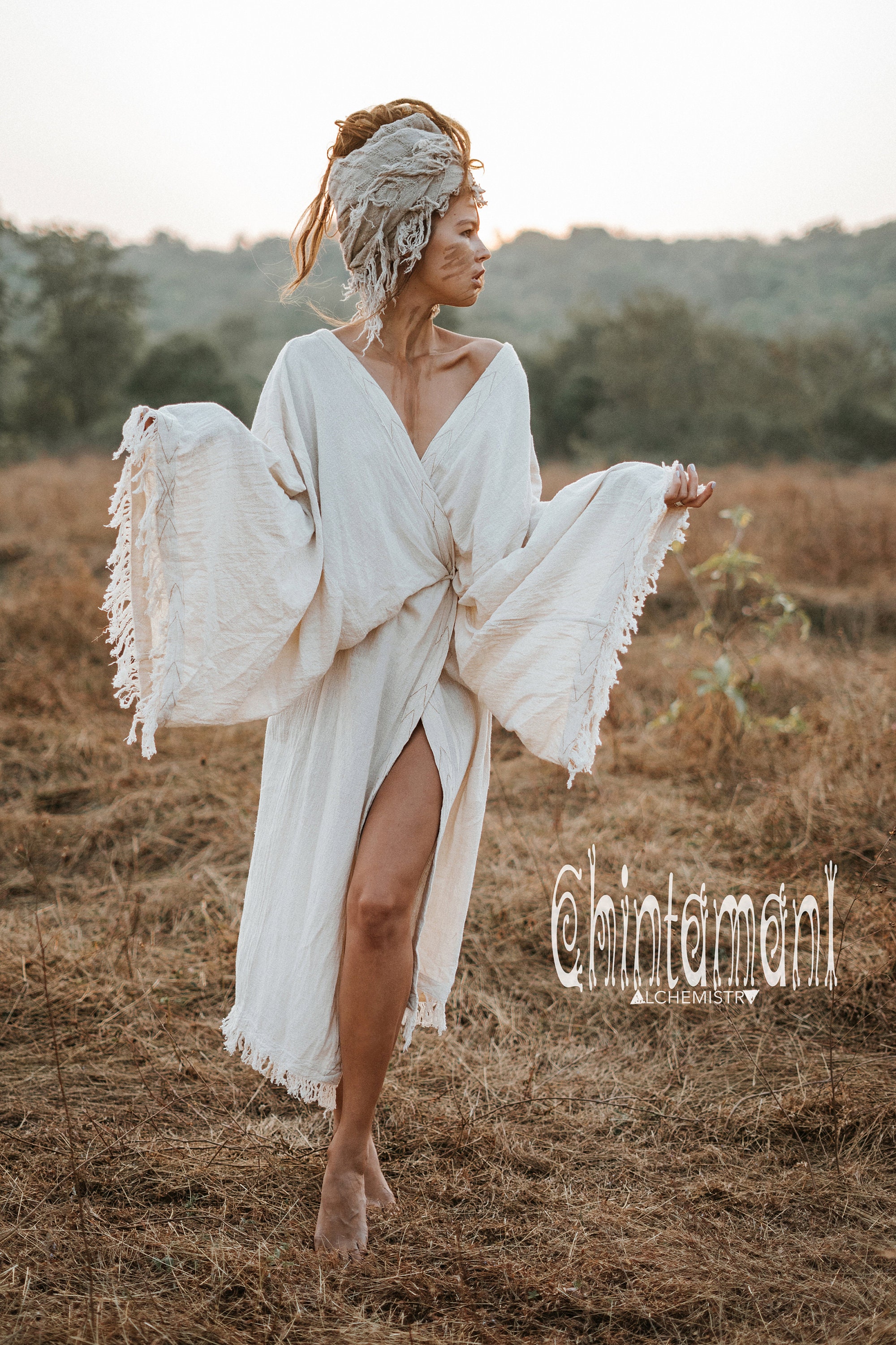 Wide Sleeves Kimono Robe ∆ Boho Wedding Raw Cotton Kaftan