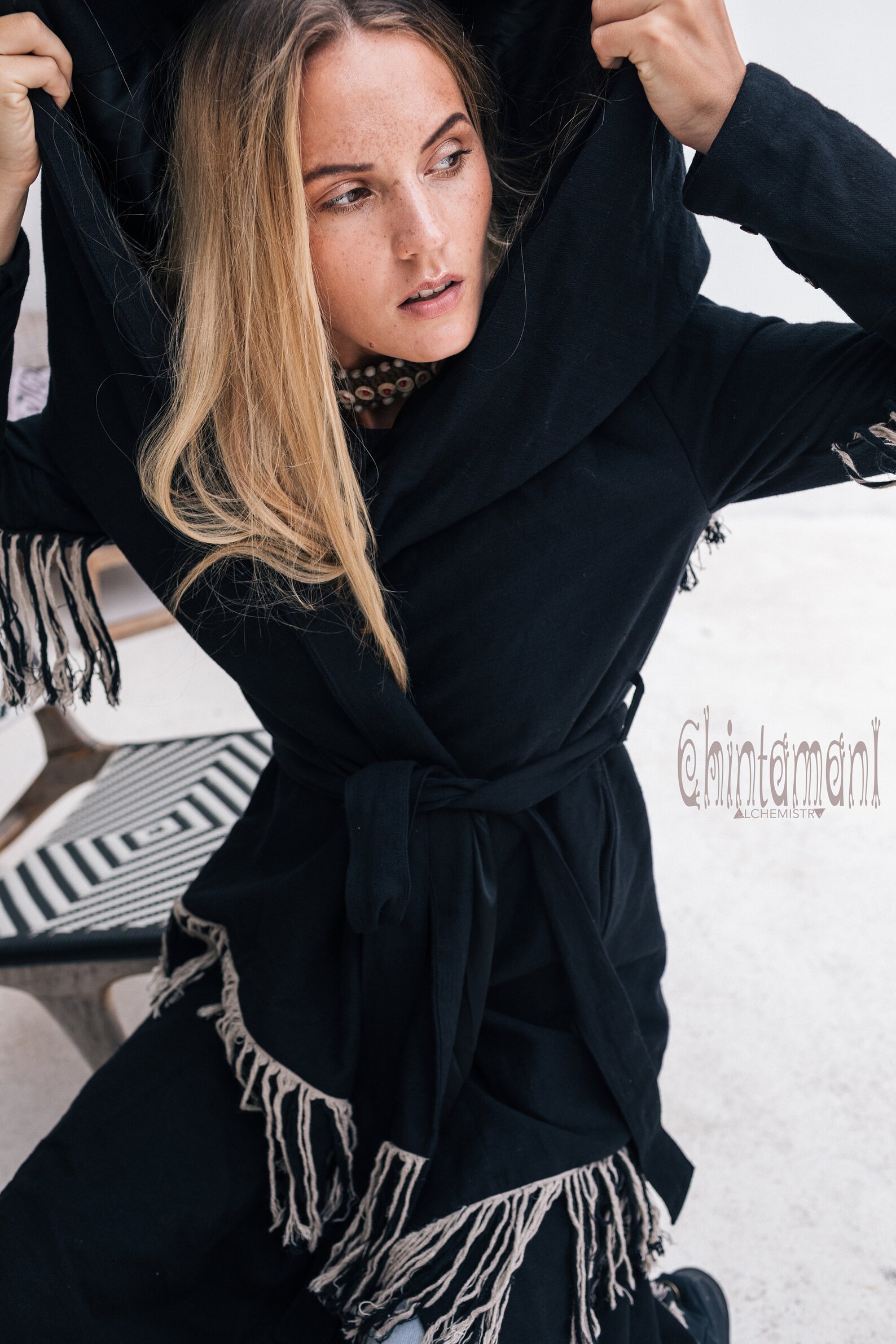 Long Black Hooded Coat Boho Robe Linen & Silk Clothing Etsy