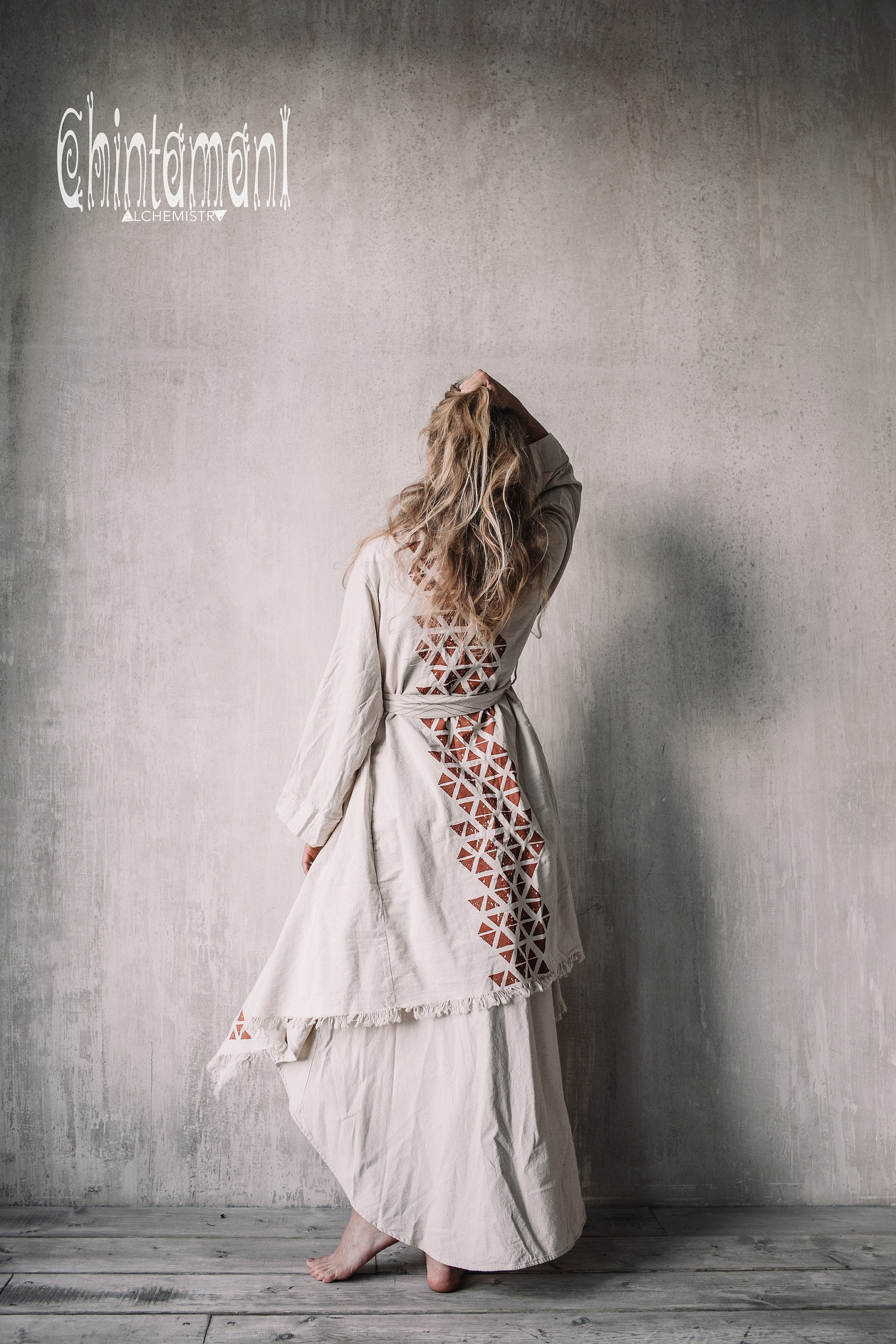 Wholesale Handmade Guitar Stamped Kimono Robe - Boho Bathrobe for Music Lovers