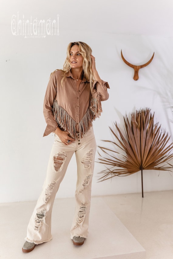 Buy Boho Shirt Women Linen Top Fringe Blouse Cowboy Clothes Gypsy