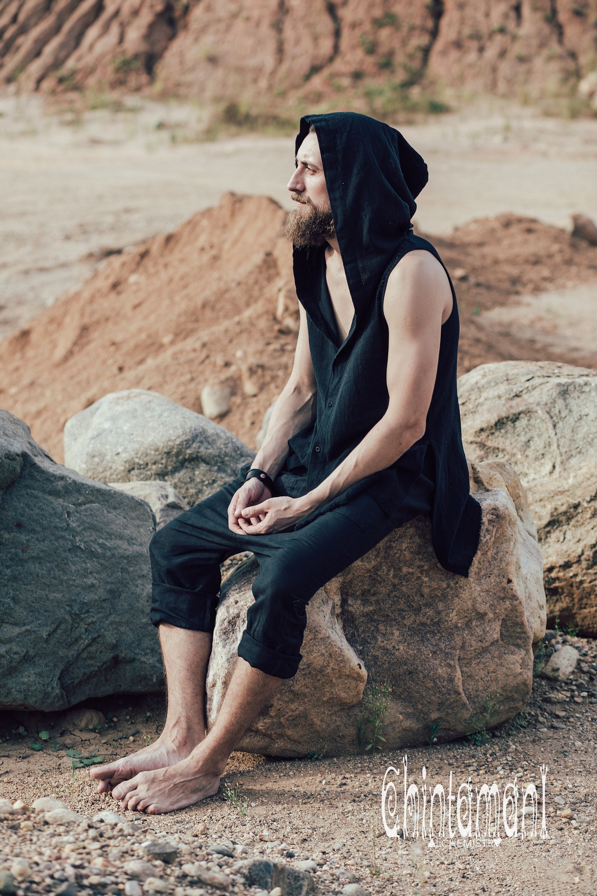 Black Hooded Vest Shirt for Men Raw Cotton Man Tank Top - Etsy