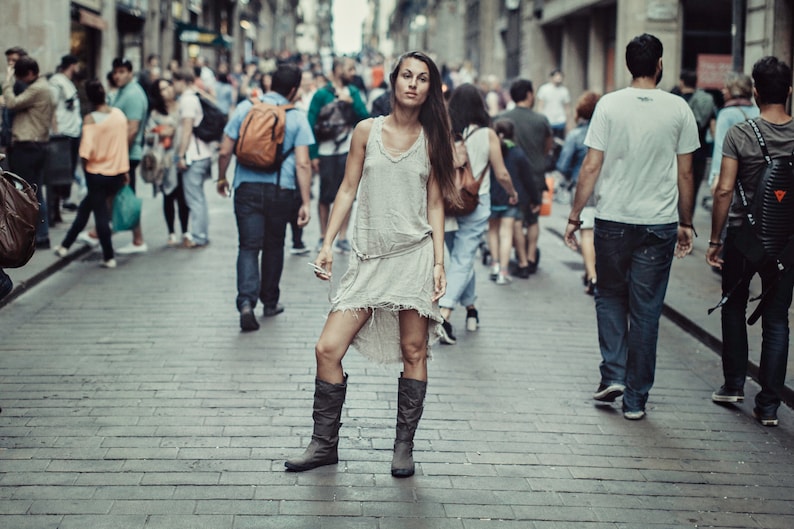 Fringe Linen Dress \u2206 Tribal Boho Dresses for Women \u2206 Bohemian Linen Tunic w Belt \u2206 Ibiza Goa Nomad Bali Raw Dress by Chintamani Light Grey