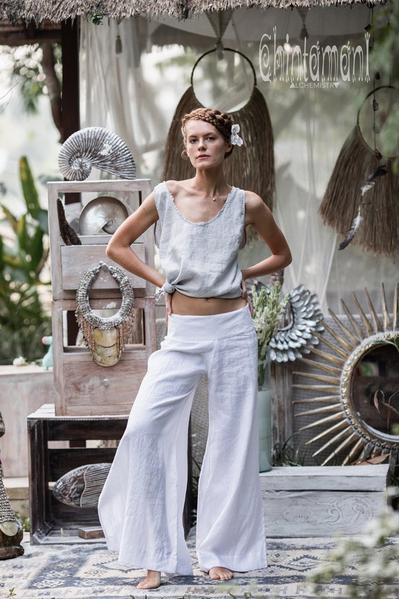 White Linen Pants Bohemian Clothing Women Boho Pants Linen Clothes Casual Lounge  Pants Open Maxi Flare Pants Side Slit Dance Pants 