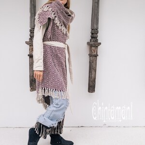 Blanket Coat Women Oversized Boho Cardigan Duster Fringe Jacket Tribal Medieval Clothing Long Cotton Poncho Wrap Overcoat/ Red & White image 4