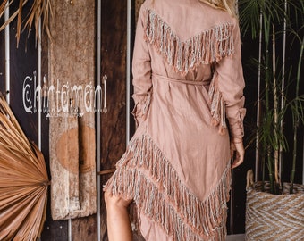 Linen Shirt Dress Boho Clothing Women Tribal Fringe Dress Pink Shirtdress  Gypsy Outfits Western Long Sleeve Dress / Dusty Rose 