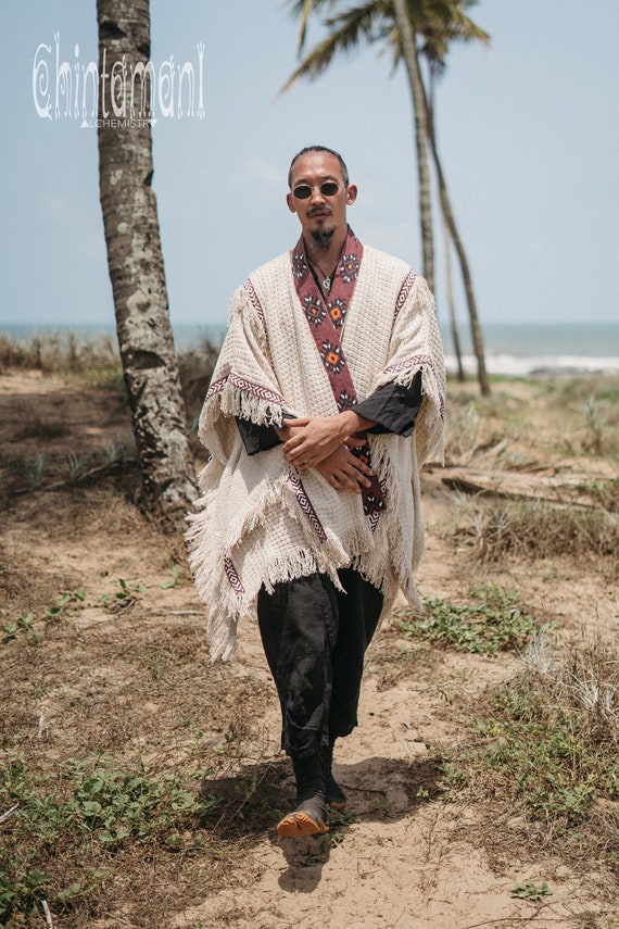 Manteau poncho berbere pour homme Boho homme vetements veste chanvre festival tenue cardigan hippie boheme vetements robe kimono blanc casse Etsy Canada