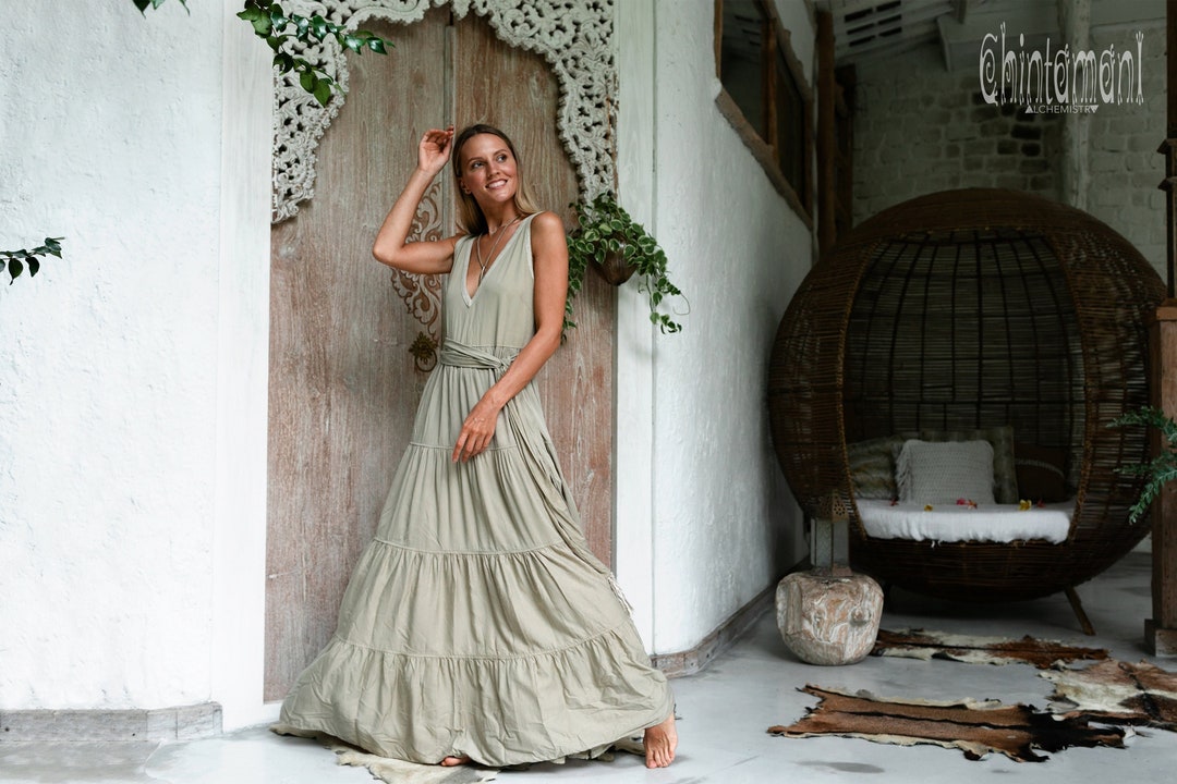 Sage Green Boho Dress ∆ Women Ball Gown Goddess Dress ∆ Cotton Bohemian Clothing ∆ Tiered Maxi ...