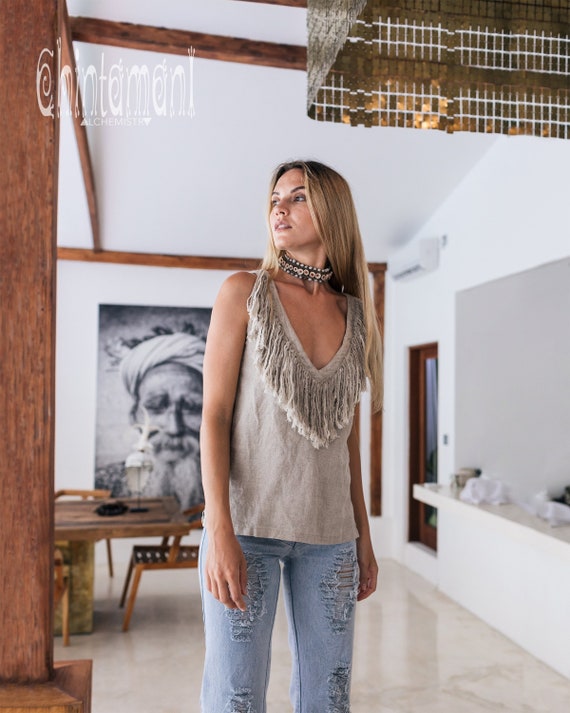 Fringe Bohemian Top Linen Boho Clothing Women Organic Tank Top Linen Blouse Gypsy Clothes Goa Ibiza Top Flax Eco Linen Shirt Grey Etsy Australia