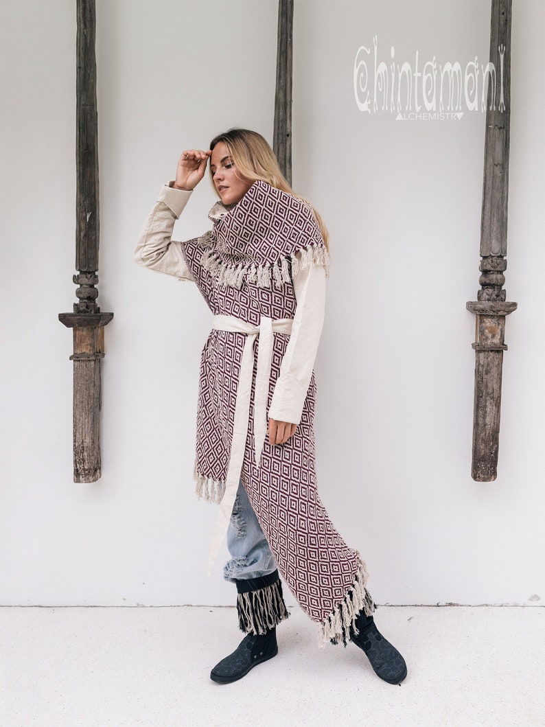 Blanket Coat Women Oversized Boho Cardigan Duster Fringe Jacket Tribal Medieval Clothing Long Cotton Poncho Wrap Overcoat/ Red & White image 1