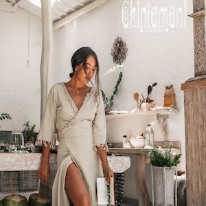 Long Boho Wrap Dress Women Boho Clothing Maxi Dress Organic Bohemian Dress Fringe Raw Cotton Dress Gown Summer Goddess Dress / Sage zdjęcie 2