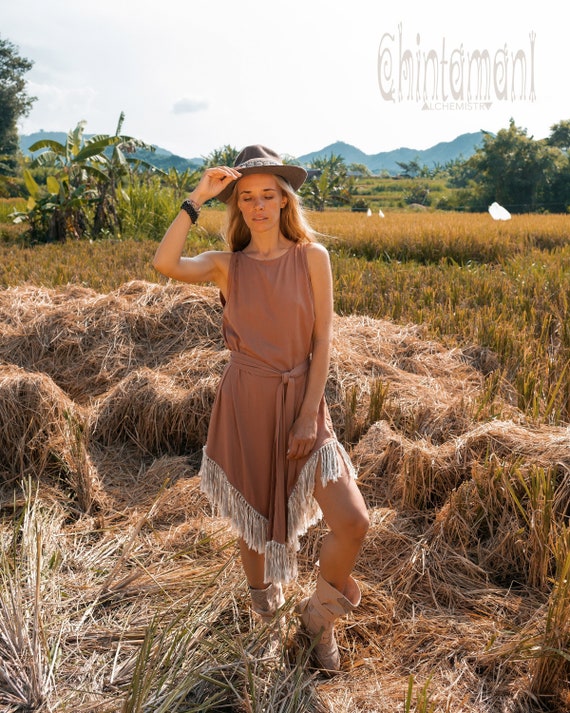 Fringe Boho Dress Festival Boho Clothing Women Bohemian Dresses Hippie  Summer Midi Dress Asymmetric Prairie Backless Dress/ Dusty Pink 