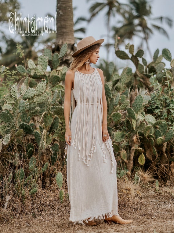 Summer Boho Dress Festival Clothes Women Maxi Dress Beach Wedding Dresses  Raw Cotton Cottagecore Dress Rope Goddess Dress/ off White -  Canada