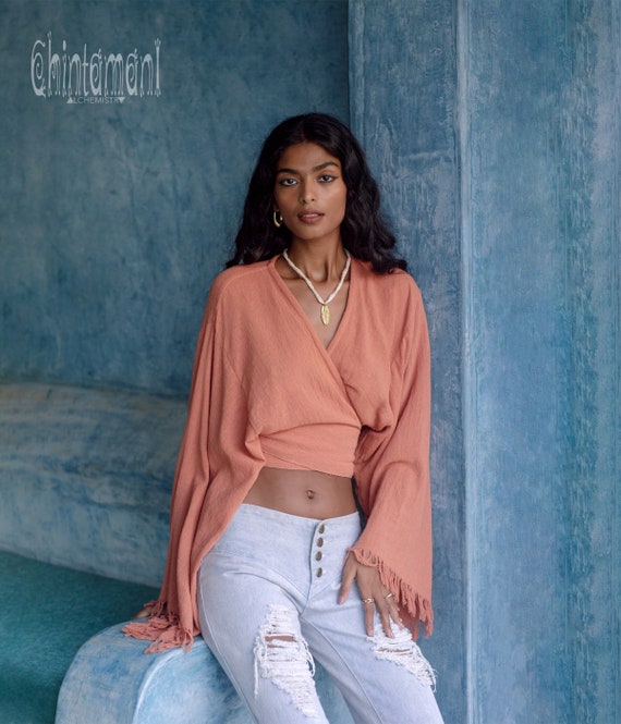Pink Goddess Top Blusa Boho Kimono para mujer Wrap Top Crop Top de manga ancha Ropa organica hippie Camisa gitana de algodon crudo Rosa Etsy Espana