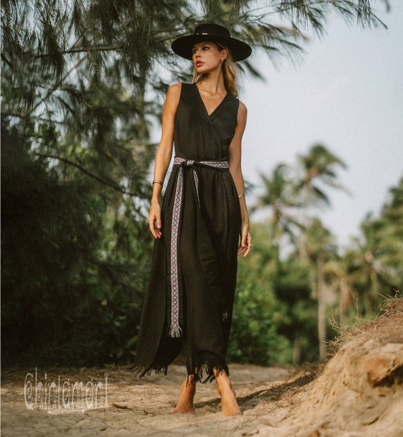 Black Boho Dress Women Maxi Wrap Dress Cocktail Clothes Slit Sexy Dress Raw Cotton Gown Organic Dress With Black and White Belt Etsy