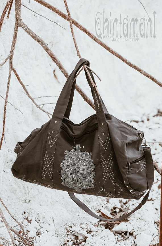 Dark Grey Yoga Bag Weekender Bag Women Shipibo Cotton Canvas Bag