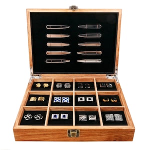 Custom 11&quot; African Rosewood Cufflinks and Collar Stays Storage Box, Men&#39;s Grooming Kit Organizer, Jewelry Box, Handmade Wooden Box for Him