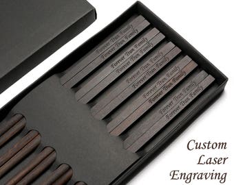 5 Pairs Black Ebony Wood Handmade Chopsticks with Custom Laser Engraving, Family Chopsticks, Zero Varnish and Lacquer healthy Chopsticks