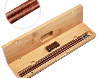 Premium Natural Snakewood Reusable Chopsticks Set with Rest and Bamboo Box Round Chopsticks Gift Set