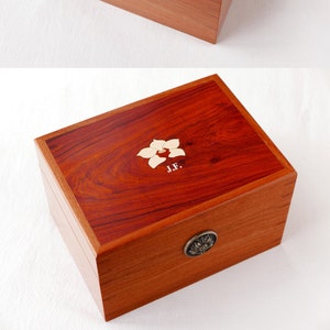 Custom 7&quot; Premium Pau Rosa Wood Postcard Box with Orchid Marquetry and Laser Etched Name Initials, Keepsake Box, Handmade Wooden Box