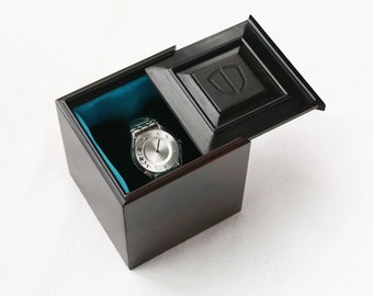 Custom 3.5" Genuine Black Ebony Wood Cube Watch Box with Laser Engraved Personalized Logo, Jewelry Box, Handmade Wooden Box