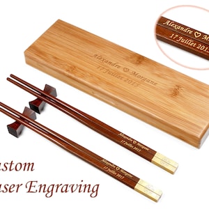 Custom Pau Rosa Wood Chopsticks with Gold Coloring Engraving, Double Happiness Brass Heads, Christmas Gift, Wedding Gift Chopsticks Set