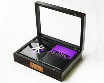 Custom 5.5" Genuine Ebony Wood Poker Card Box with Glass Window and Embedded Metal Coin, Handmade Wooden Box, Box Solution Supplier