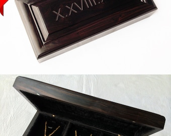 Custom 9" Black Ebony Necklace Box with 3 Compartments and Laser Engraved Personalized Logo, Jewelry Box, Bracelet Box, Handmade Wooden Box